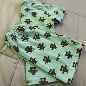 Fendi Blue and Brown Short Set with Bear Print